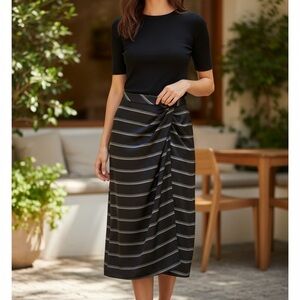 Vince NWT Satin Navy Blue Stripe Midi Skirt SIZE 2